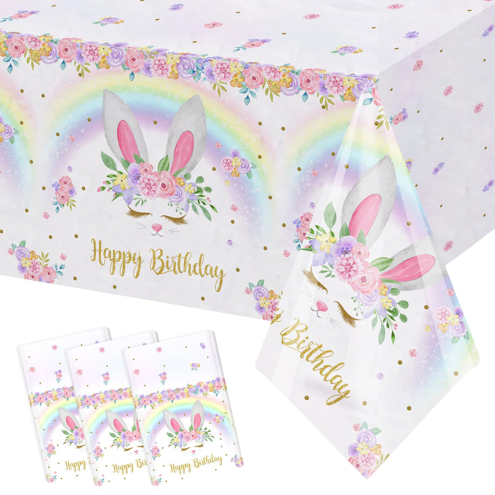 MEHOFOND bunny birthday tablecloth 3-pack, front view, party-ready setup.