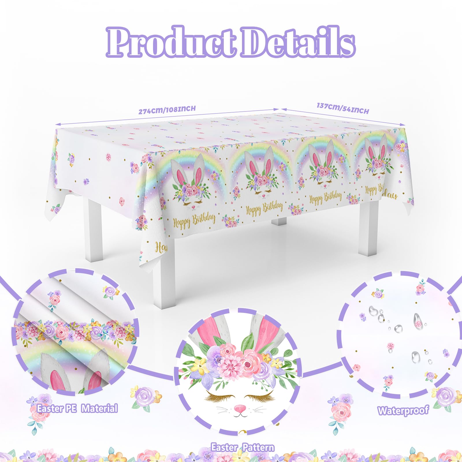 MEHOFOND bunny birthday tablecloth 3-pack, pack shot, shows three sheets.