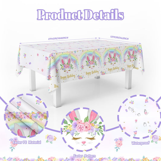 MEHOFOND bunny birthday tablecloth 3-pack, pack shot, shows three sheets.
