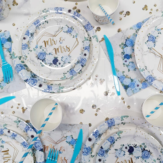 MEHOFOND Mr and Mrs disposable dinnerware plates for easy cleanup.