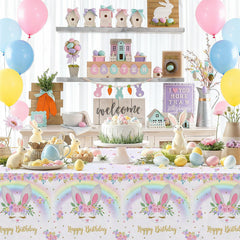 MEHOFOND rainbow bunny design tablecloth on table, Easter ambience.