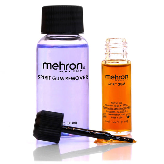 Mehron Spirit Gum adhesive bottle securing prosthetic to skin for FX work