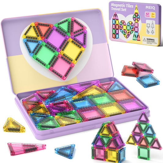 MEIQ 42-piece mini magnetic tiles travel set in a metal box for mess-free car play.