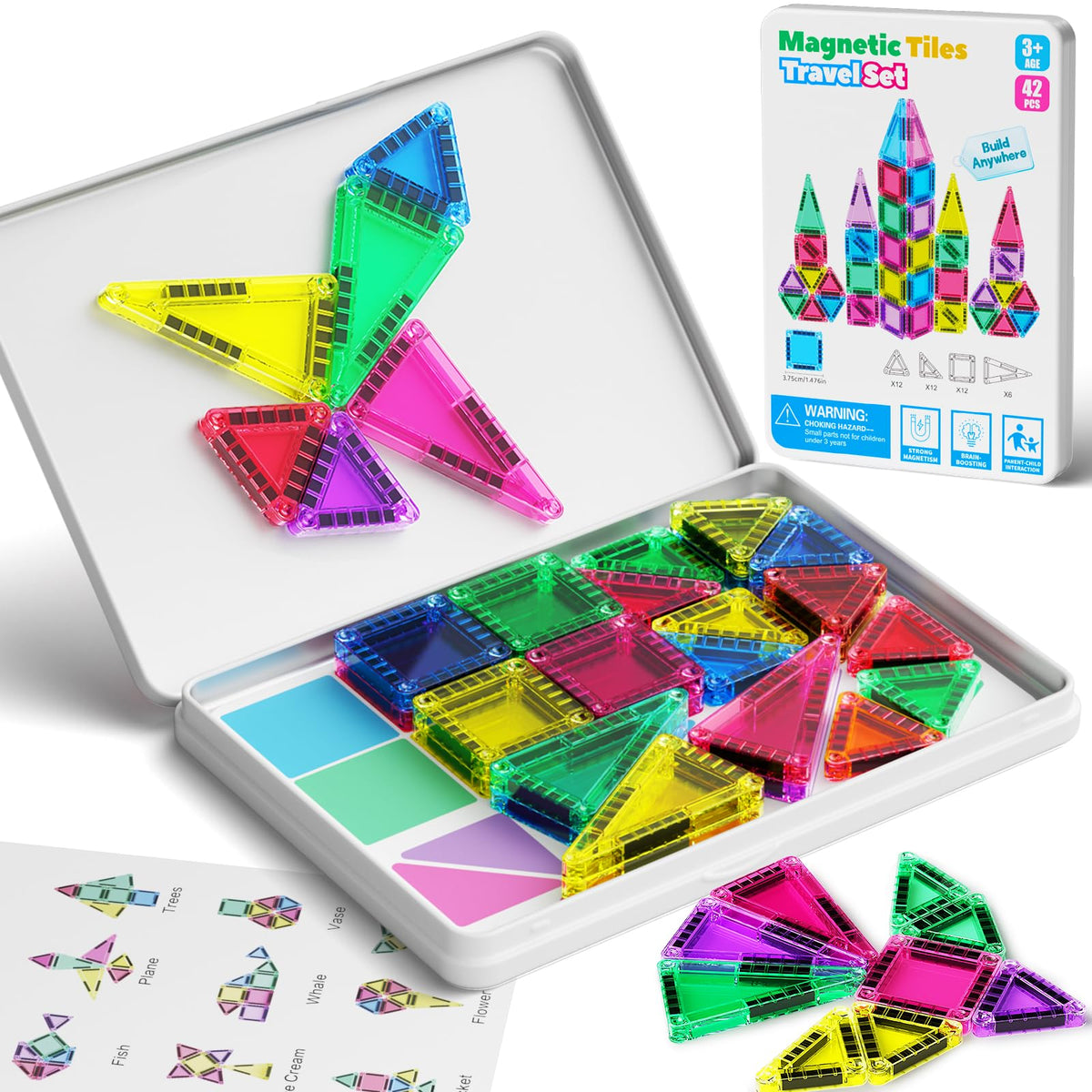 MEIQ 42PCS travel set in a metal case for portable STEM play on the go.