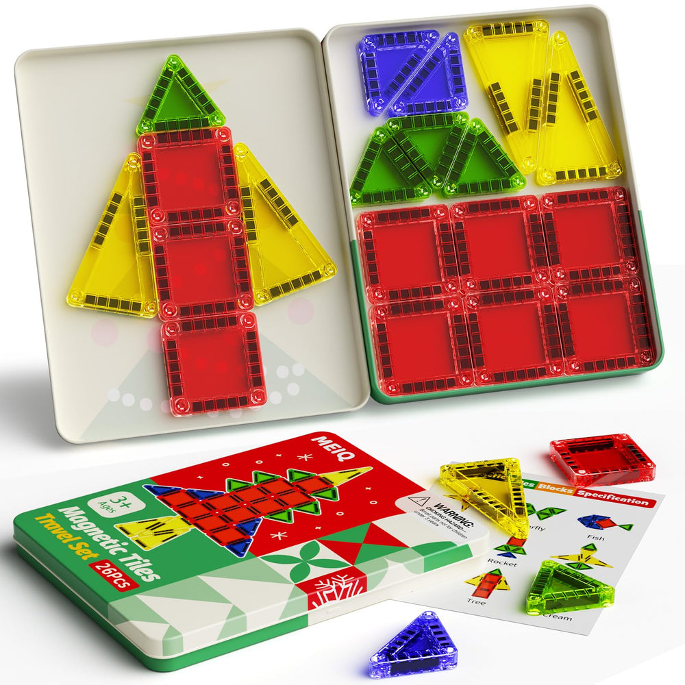 MEIQ Christmas magnetic tiles in a 26-piece box for imaginative play and spatial exploration.