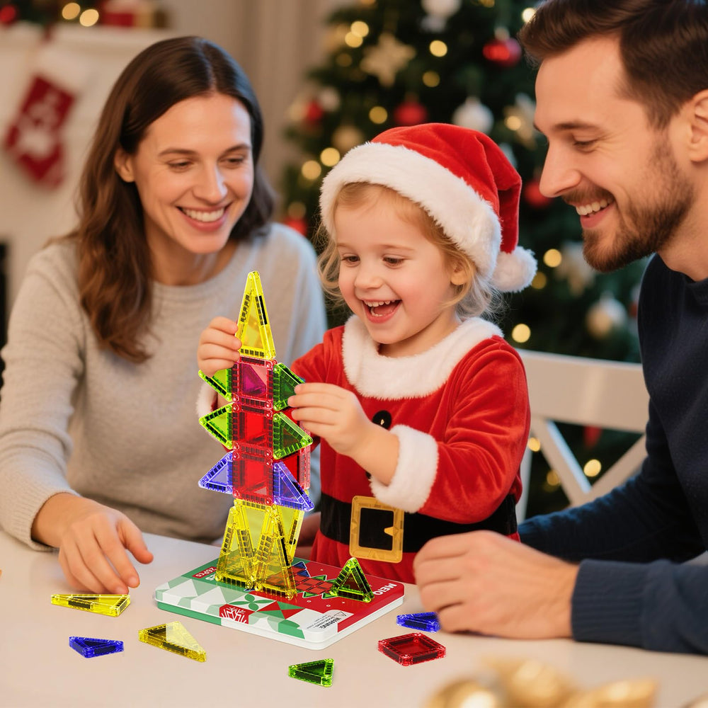 MEIQ holiday-themed tiles for building trees, snowflakes, and castles.