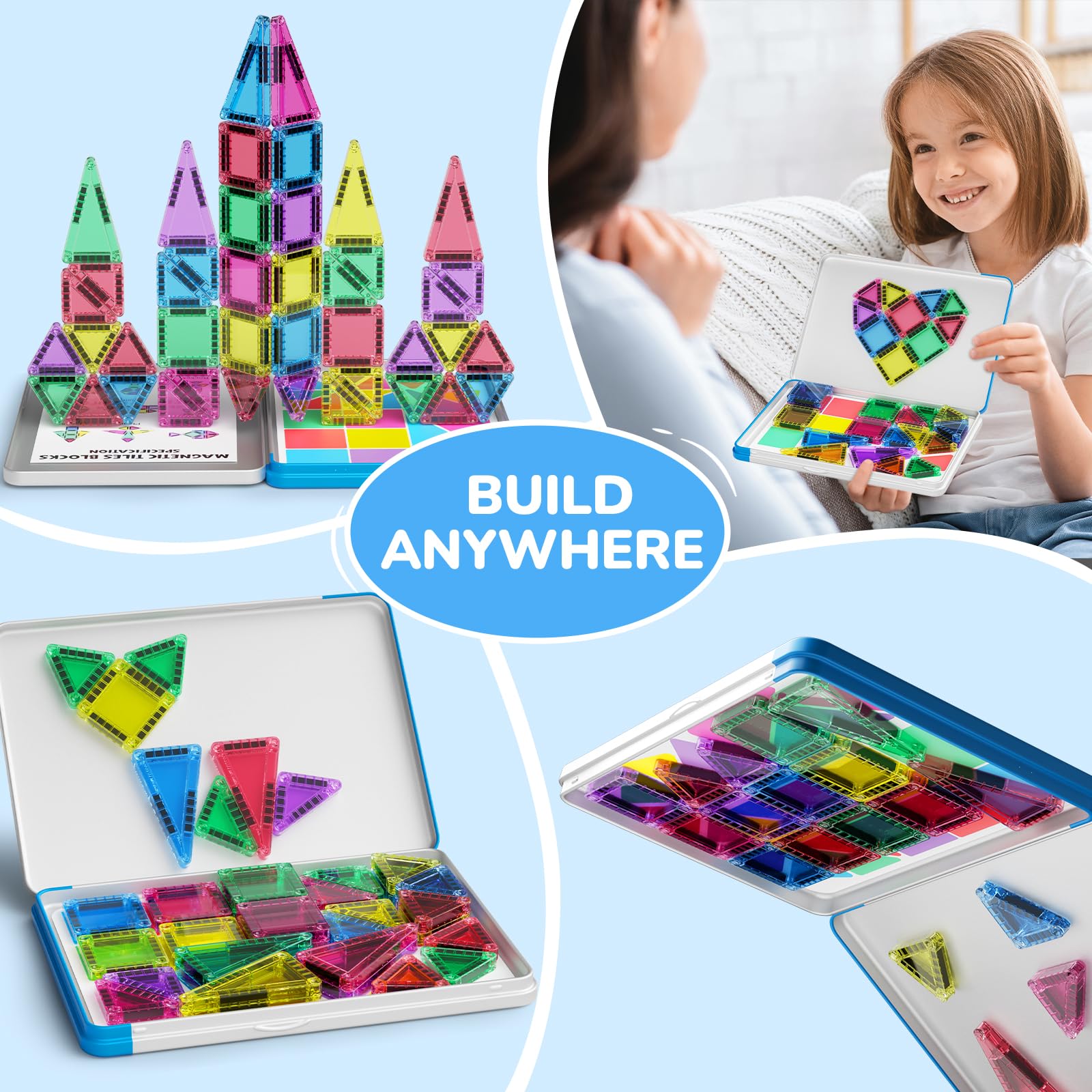 MEIQ magnetic tiles used during flights or road trips for learning.