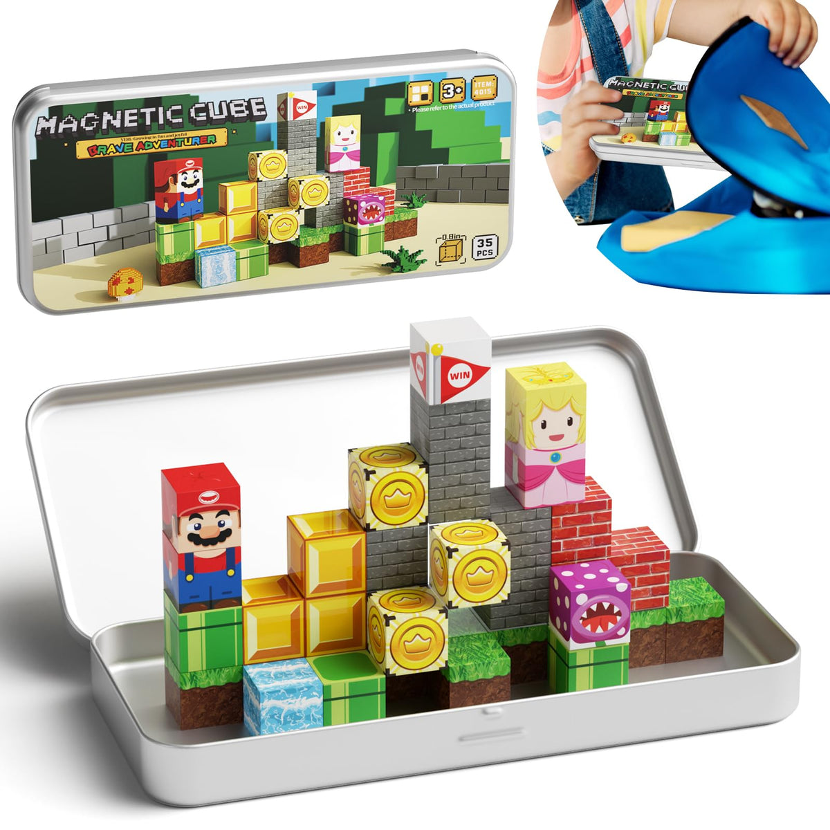 MEIQ mini magnetic blocks stored in travel tin box for on-the-go learning.