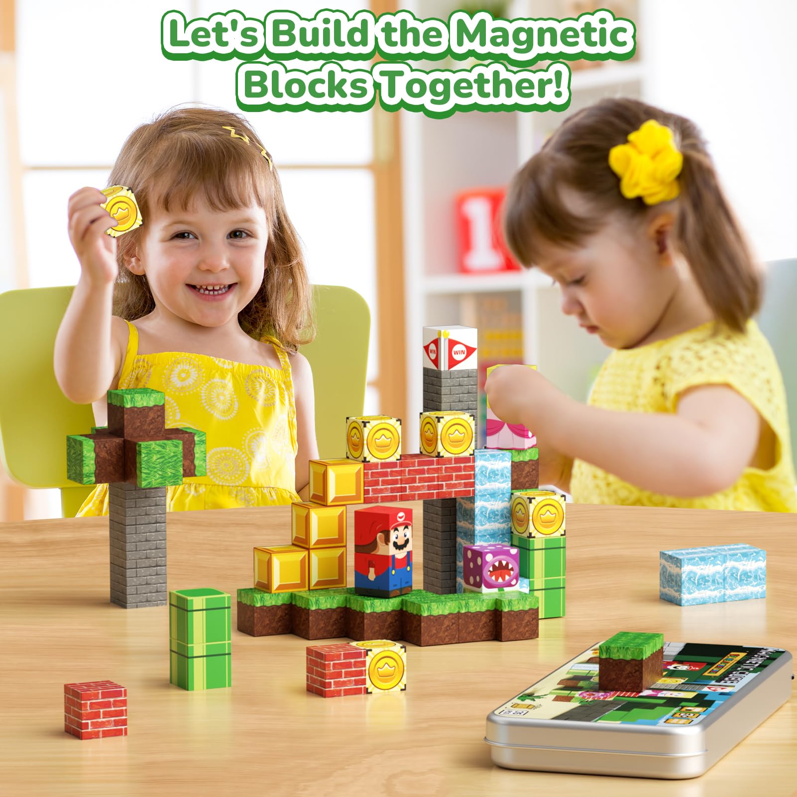 MEIQ magnetic blocks invite children to build vertical structures on the included base.