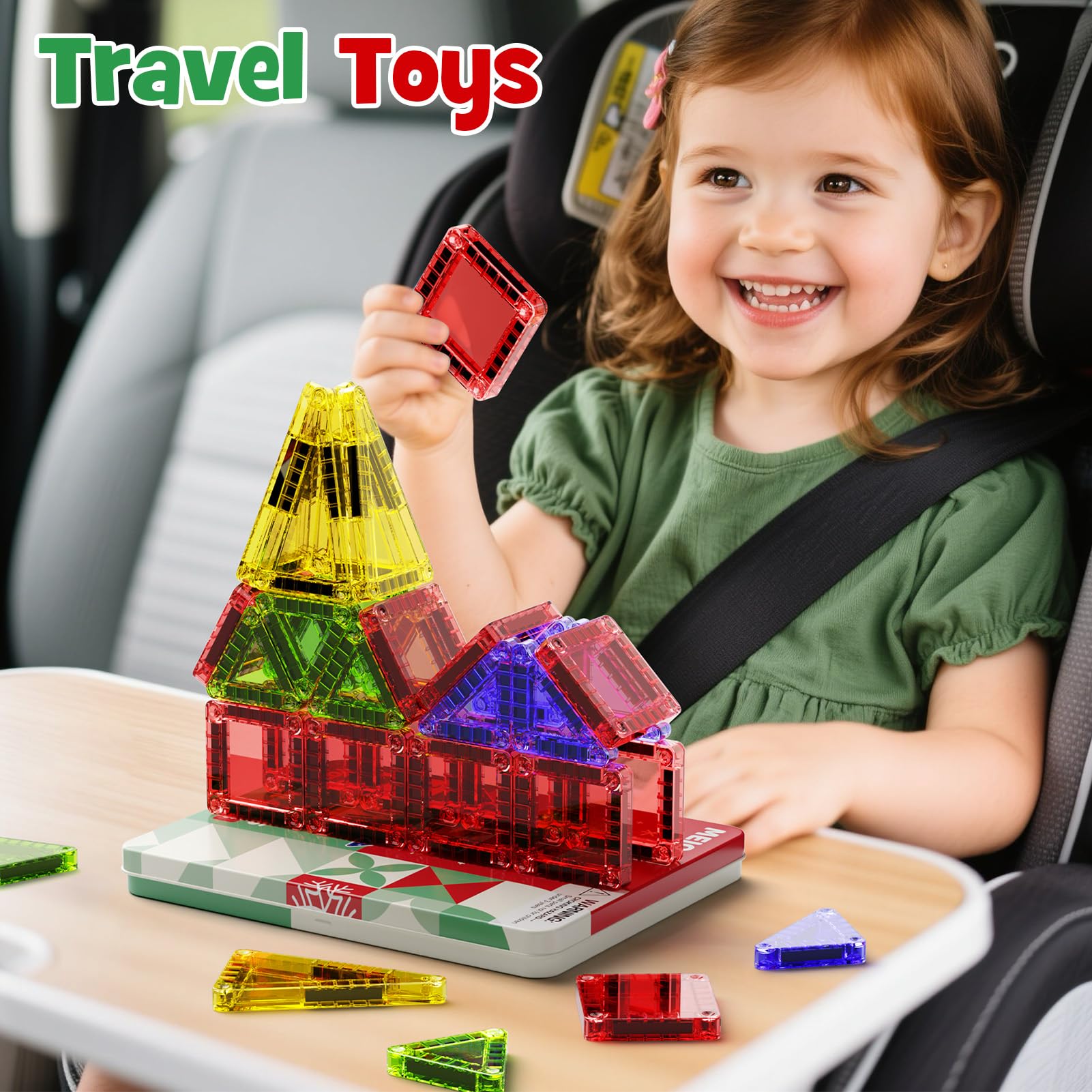 MEIQ portable storage box for magnetic tiles ideal for travel and mess-free fun.