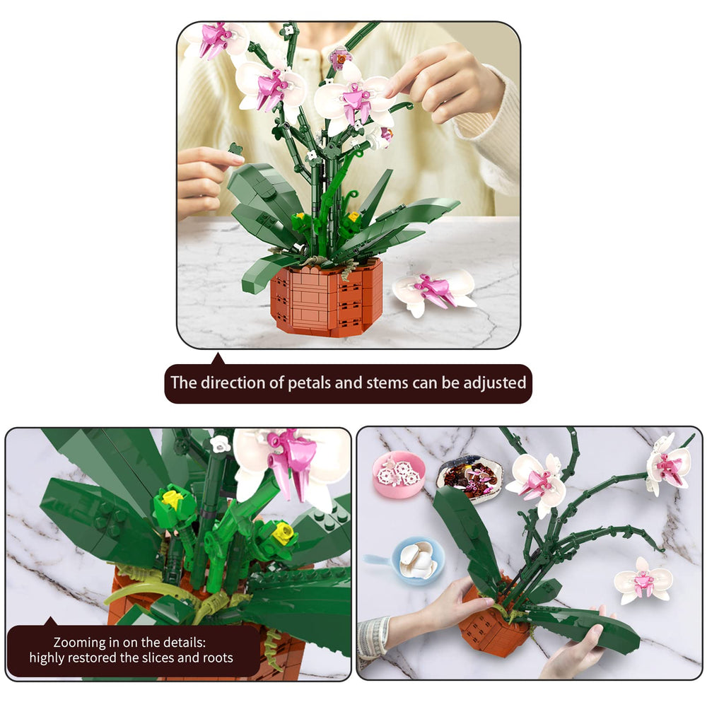 MELAKIY orchid building blocks show stems and leaves for natural realism.
