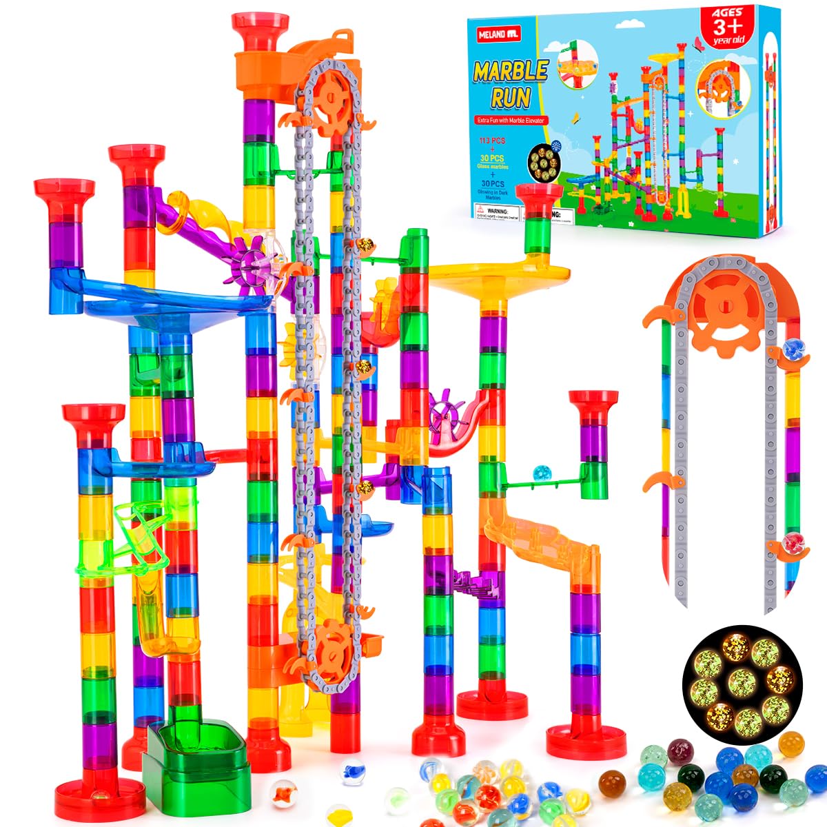 Meland 247Pcs marble run set with motorized elevator for creative play and learning.