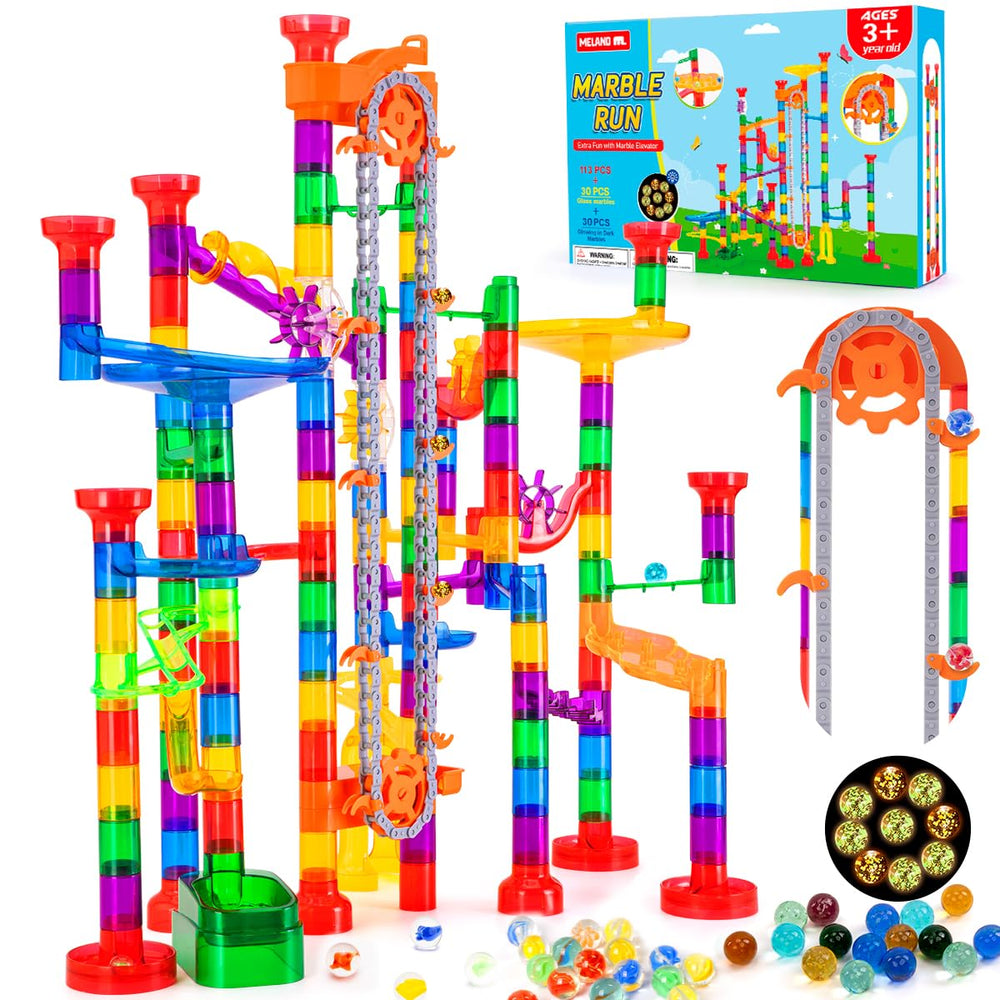 Meland 247Pcs marble run set with motorized elevator for creative play and learning.