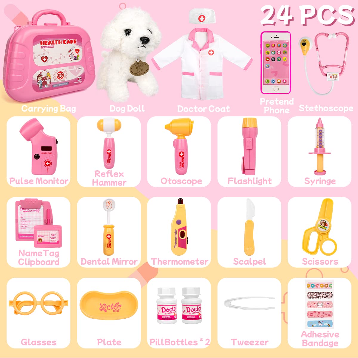Meland doctor coat and hat complete a fun dress-up look for role play.