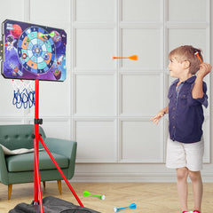 Family-friendly Meland setup for collaborative play with hoops and darts.