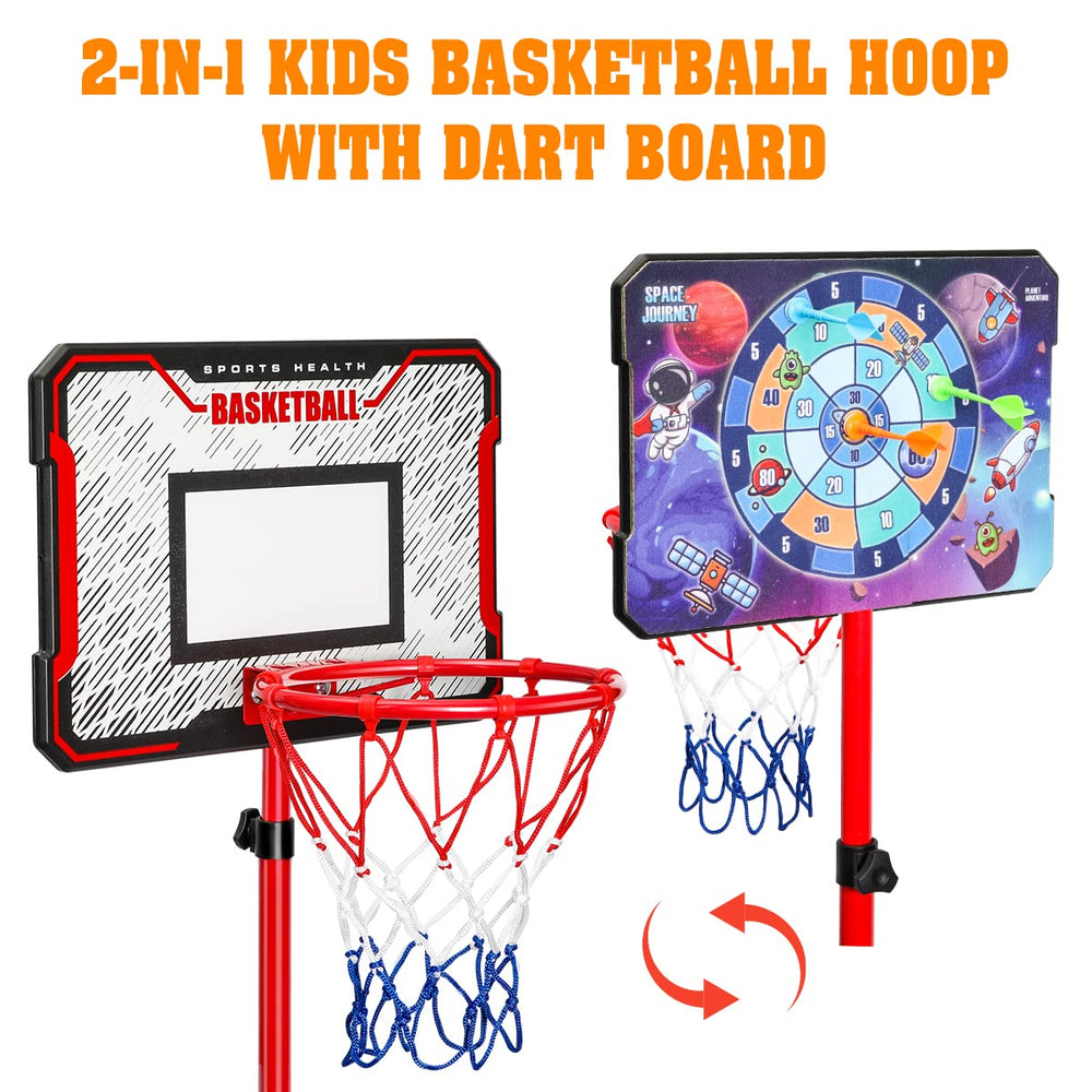 Meland hoop with rear sticky dart board highlights its 2-in-1 play option.