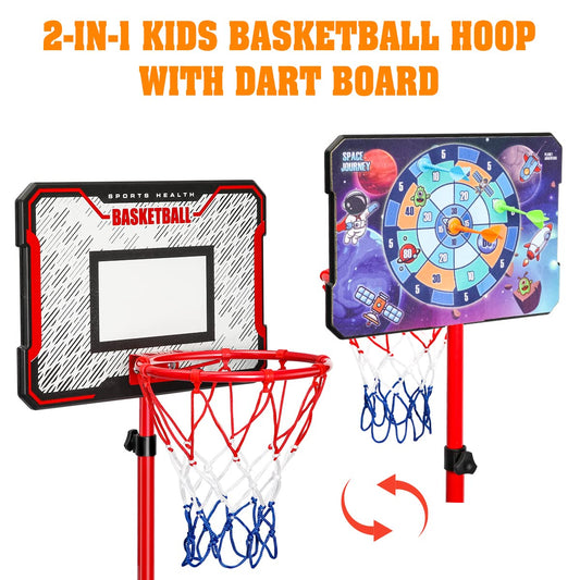 Meland hoop with rear sticky dart board highlights its 2-in-1 play option.