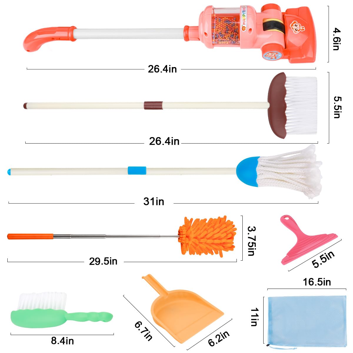 Meland cleaning tools in bright colors invite independent cleanup sessions.