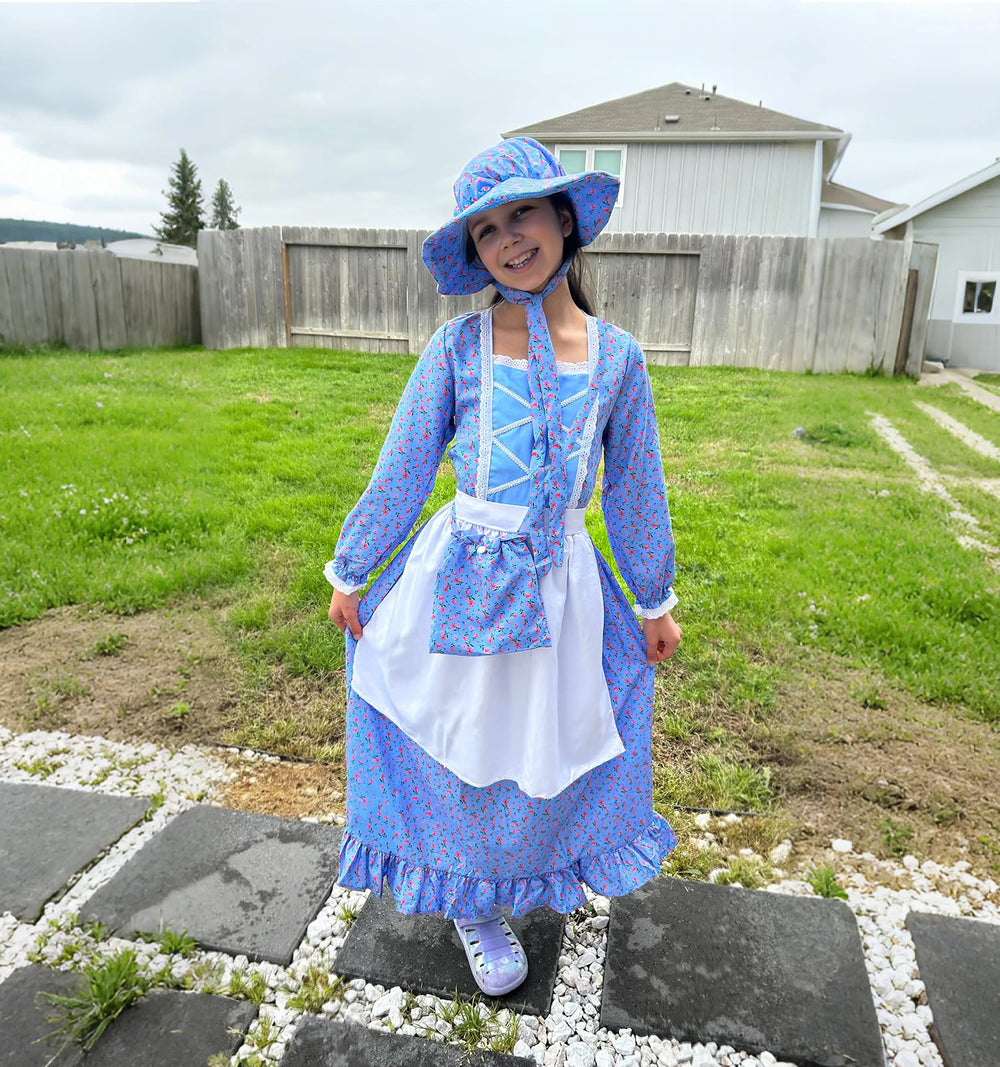 Meland Pioneer Dress apron and purse complete a colonial costume for playtime.