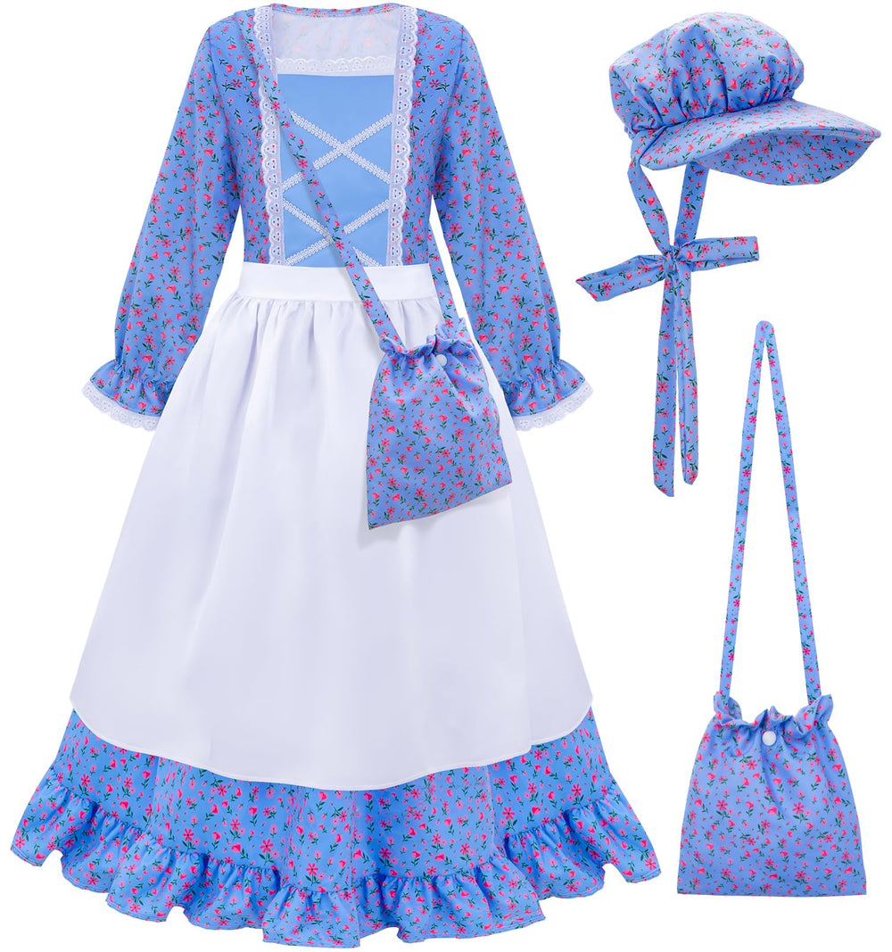 Meland Pioneer Dress floral bonnet showcases vintage charm for dress-up and history lessons.