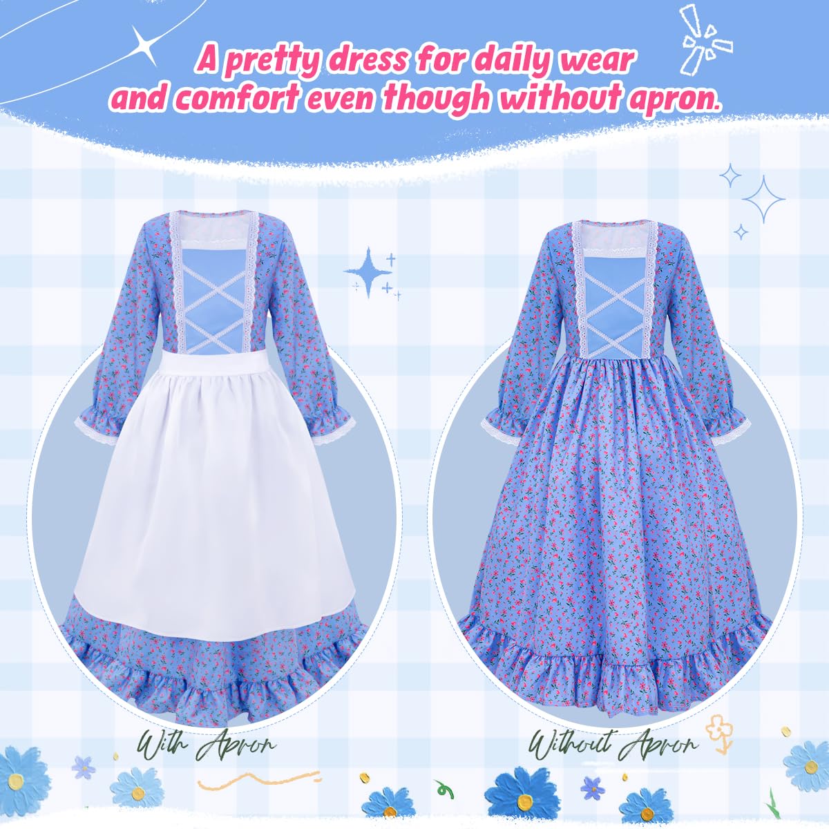 Meland Pioneer Dress full skirt with lace trim for authentic reenactment outfits.