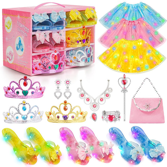 Meland Princess Toys sparkly skirts and shoes illuminate twirls for magical playtime.