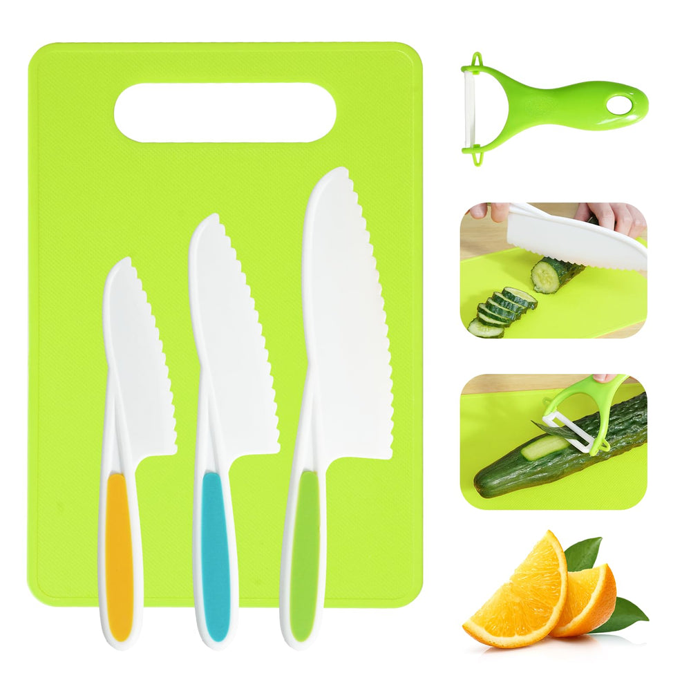 Melican kids knife set front view showing safe, BPA-free tools for toddlers