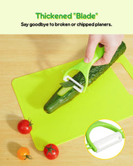 Melican kid-friendly peeler included for gentle fruit prep