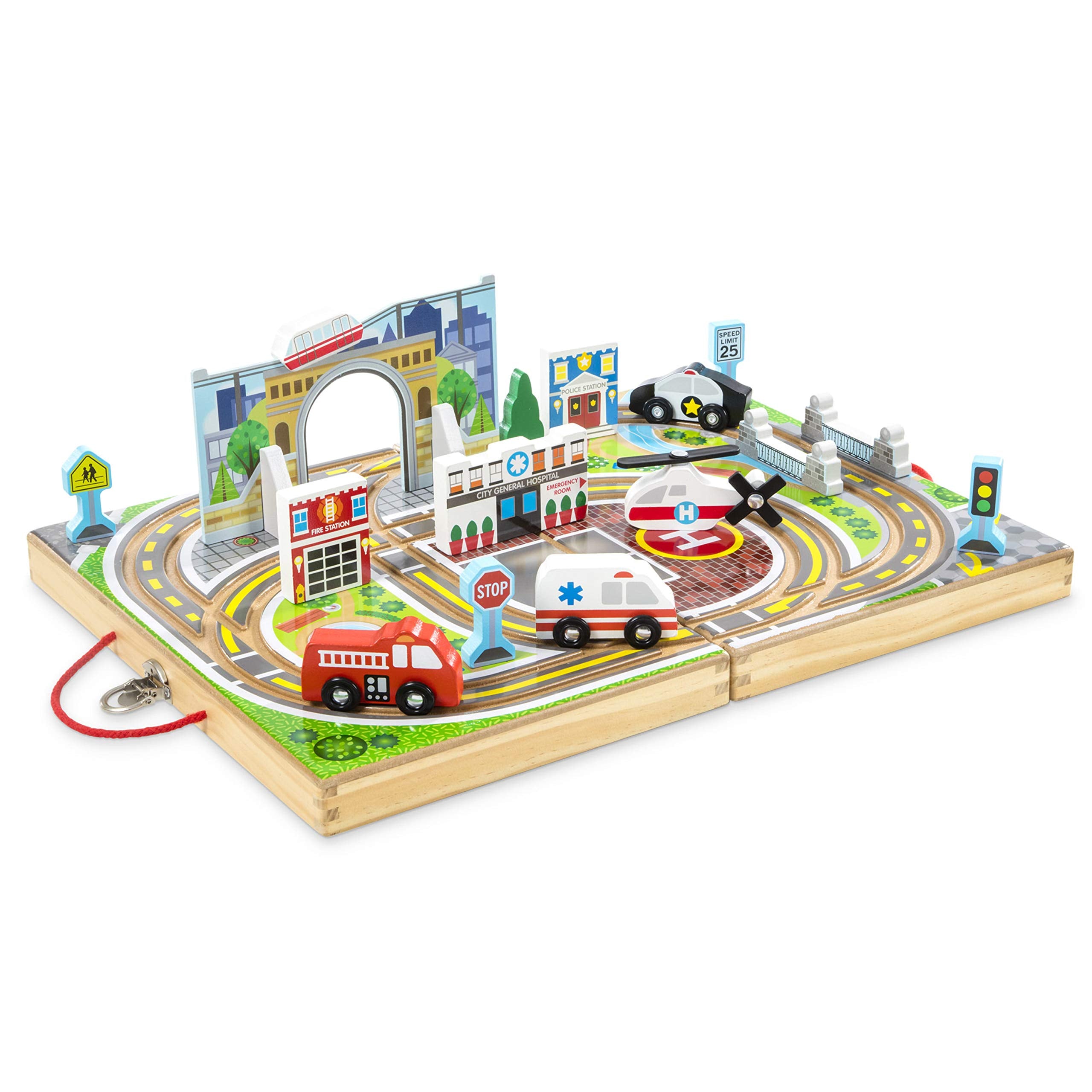 Melissa & Doug 18-piece town unfolds into a sturdy play surface.