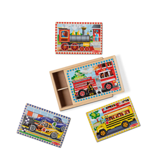 Melissa & Doug 4-in-1 wooden vehicle puzzle box keeps pieces organized for easy play.