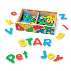 Melissa & Doug wooden alphabet magnets in a box for easy storage and learning.