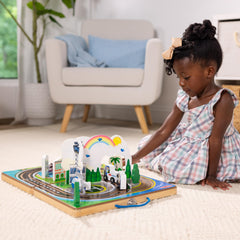 Melissa & Doug airport play surface unfolds to reveal a travel-themed pretend playground.