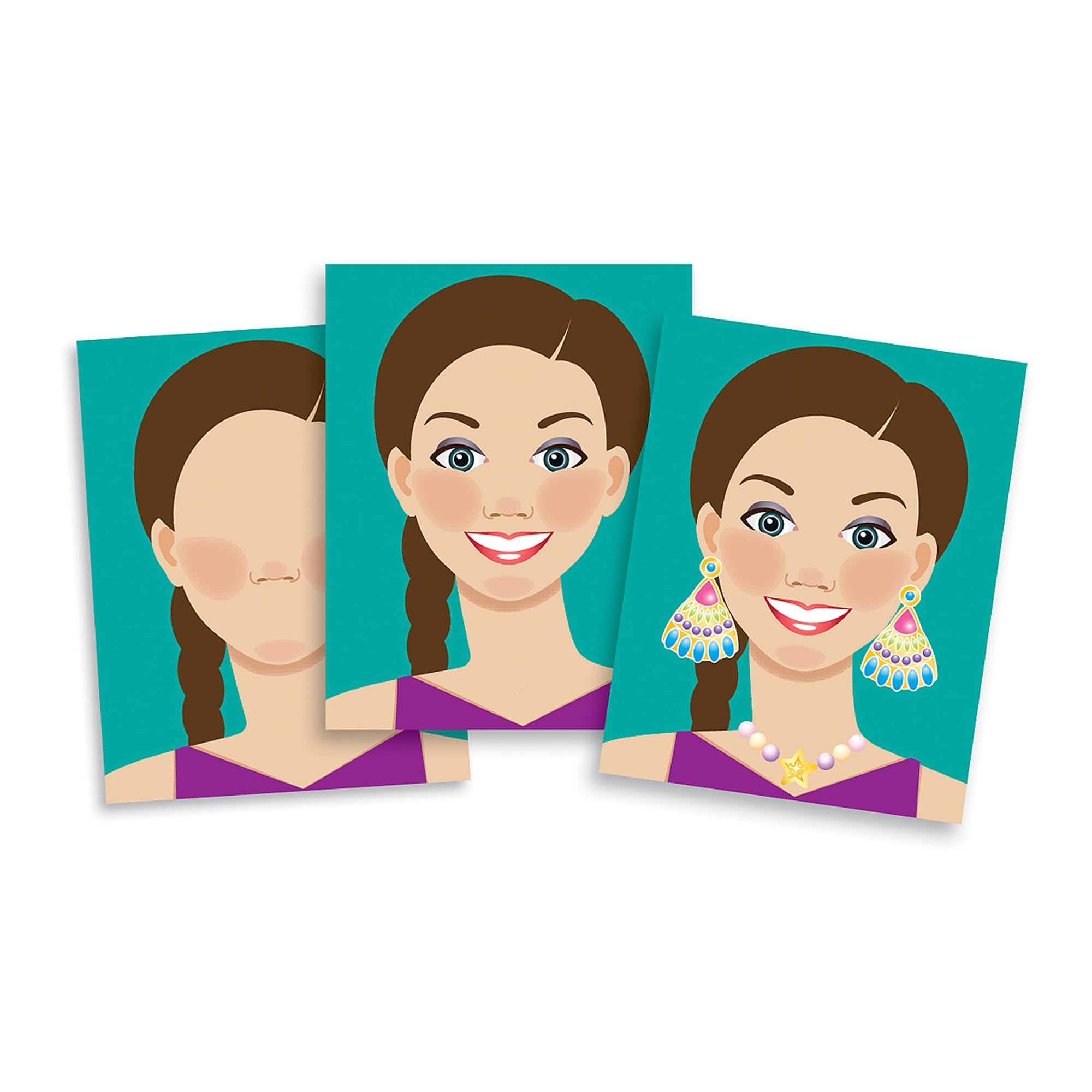 Barrettes and glasses stickers add playful accents to faces