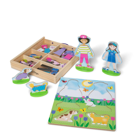 Melissa & Doug Best Friends dress-up dolls scene promotes imaginative storytelling and pretend play.