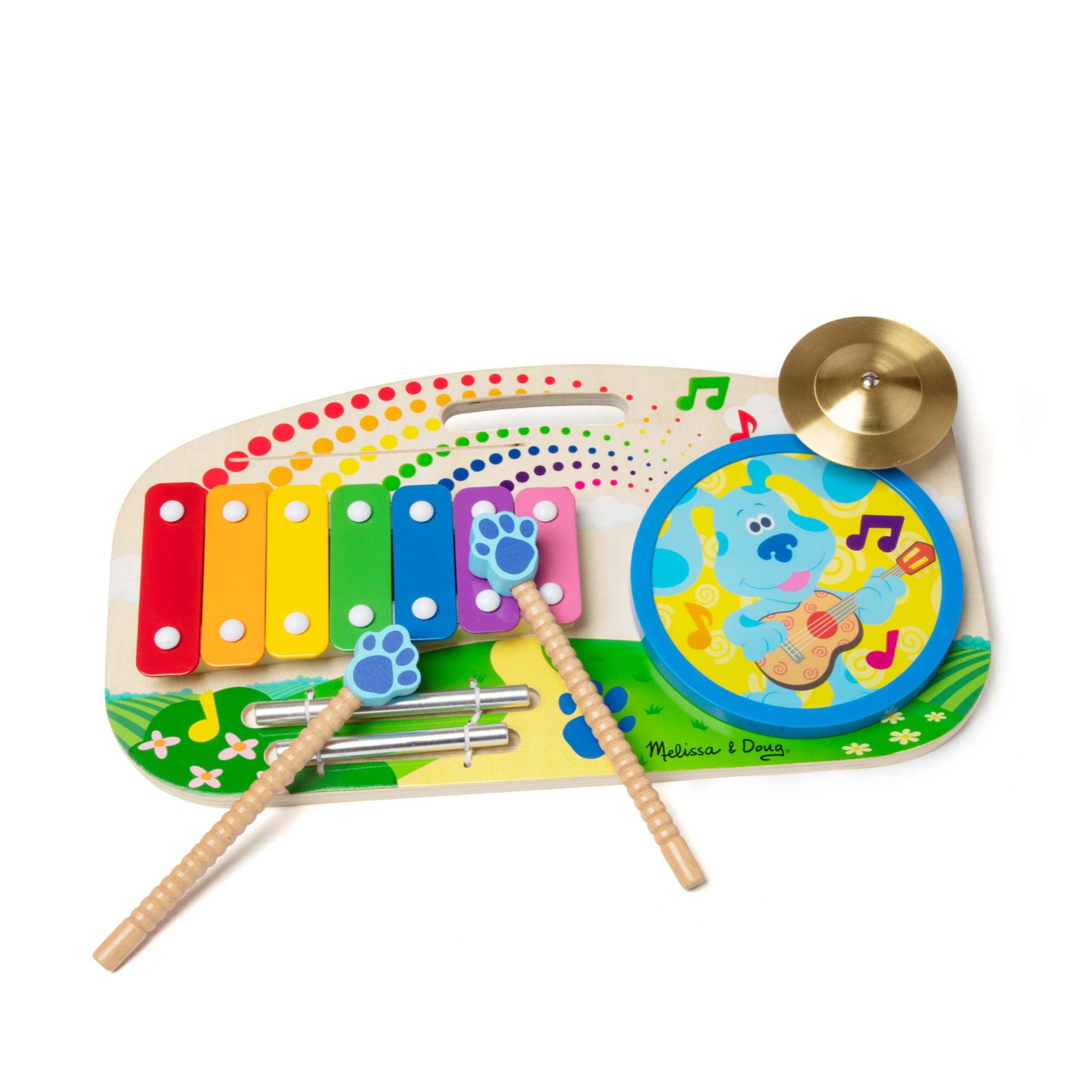 Melissa & Doug Blue's Clues music board drum for kid-friendly rhythm play on the go.