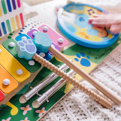 Melissa & Doug Blue's Clues music board xylophone for bright tones during creative exploration.