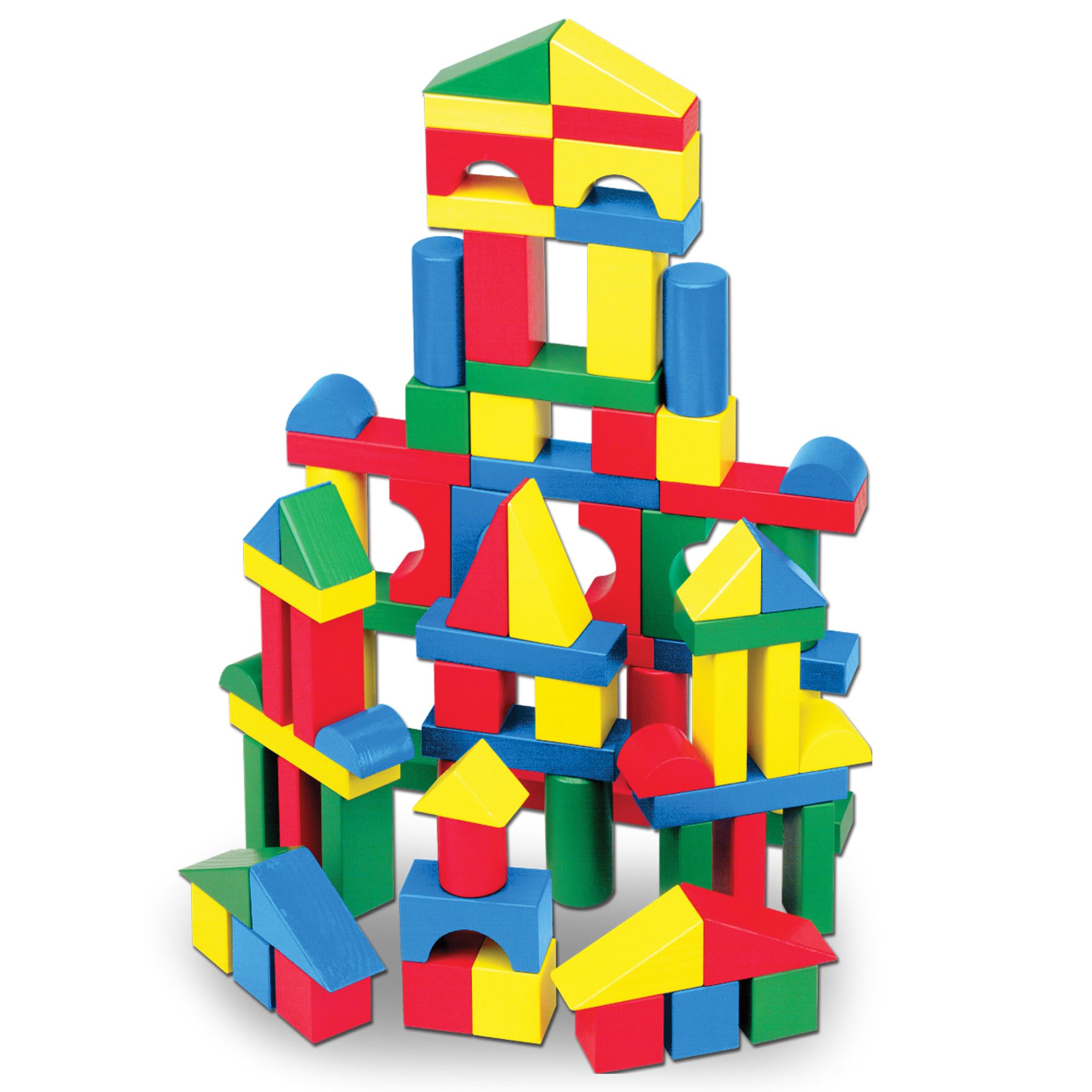 Melissa & Doug wooden building blocks stacked into a tower for creative play.