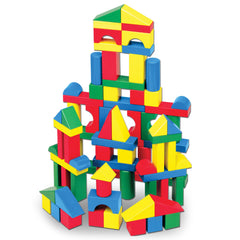 Melissa & Doug wooden building blocks stacked into a tower for creative play.