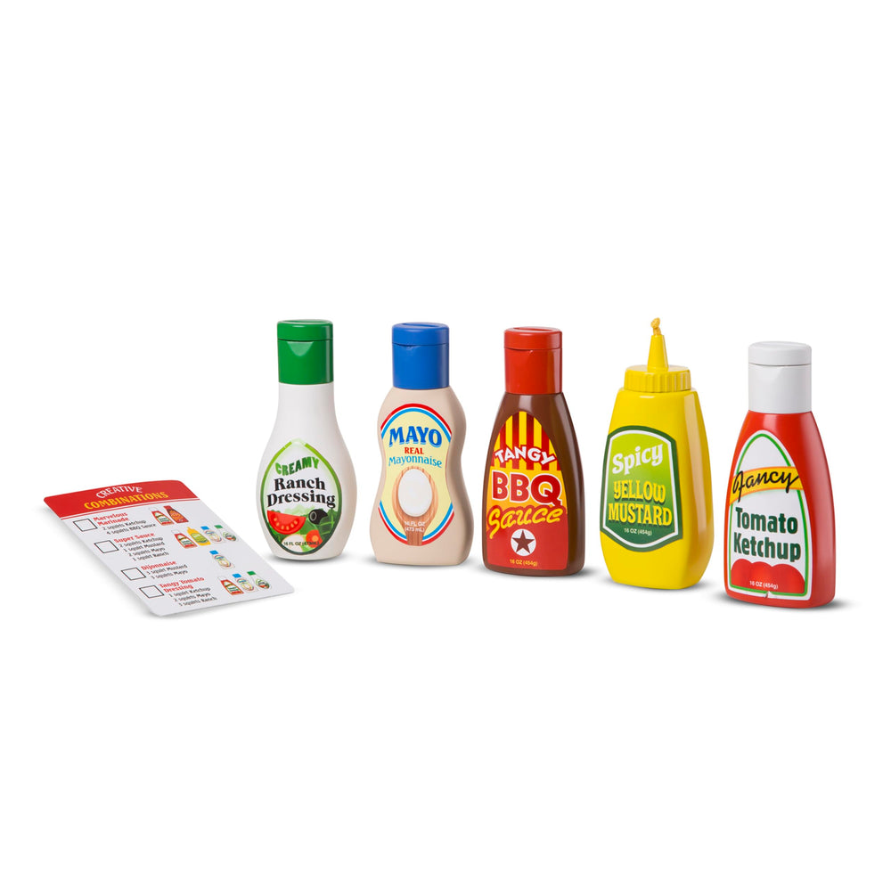 Melissa and Doug condiments play set close-up of cap design for imaginative pretend dining