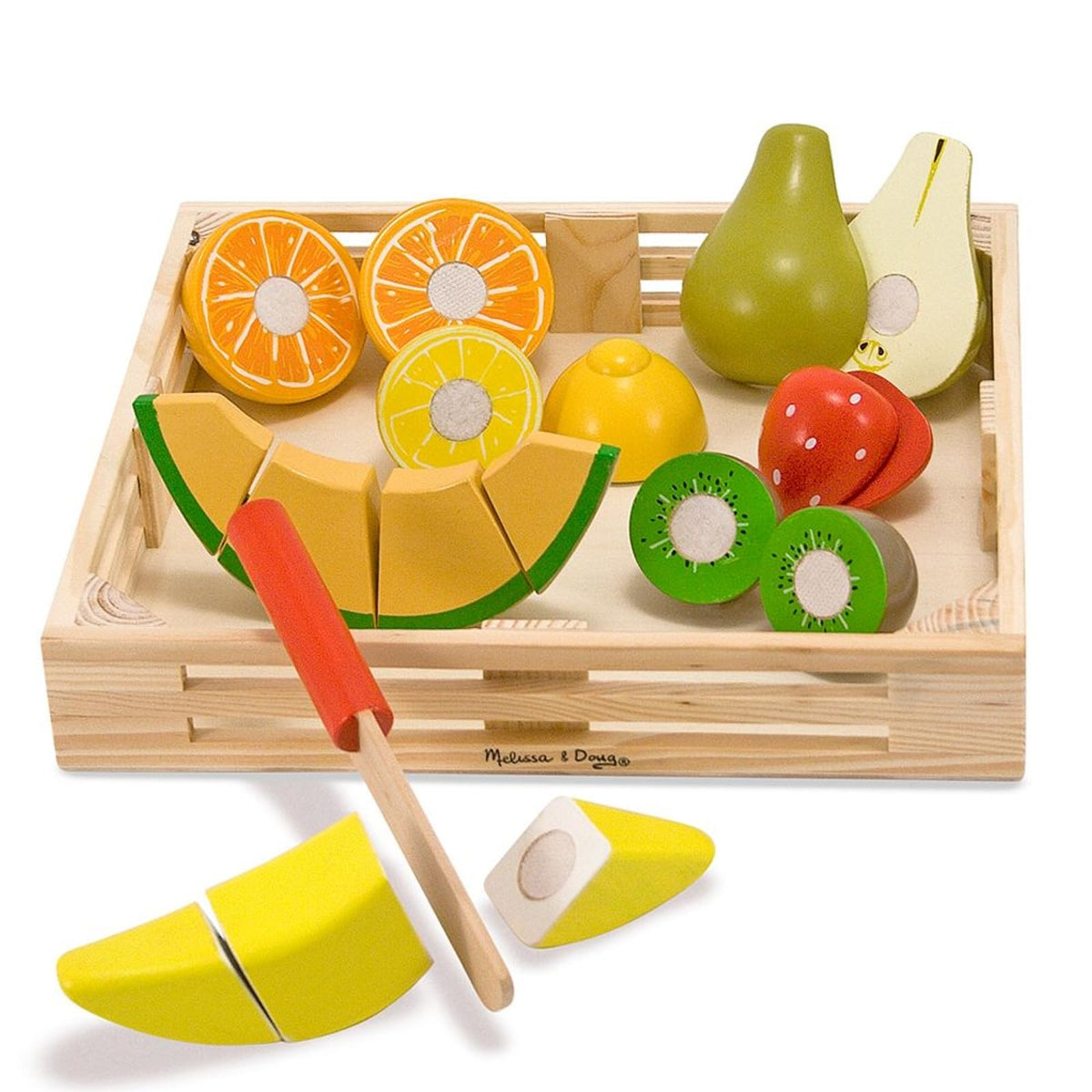 Melissa & Doug Cutting Fruit Set with wooden fruits for imaginative pretend play.