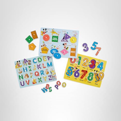 Melissa & Doug Disney peg puzzles wooden construction: durable, kid-friendly design for ongoing play.