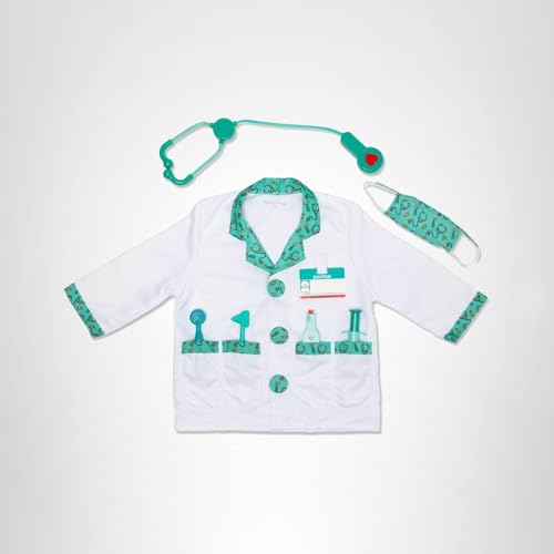 Melissa & Doug child wearing doctor costume in vivid role-play scene