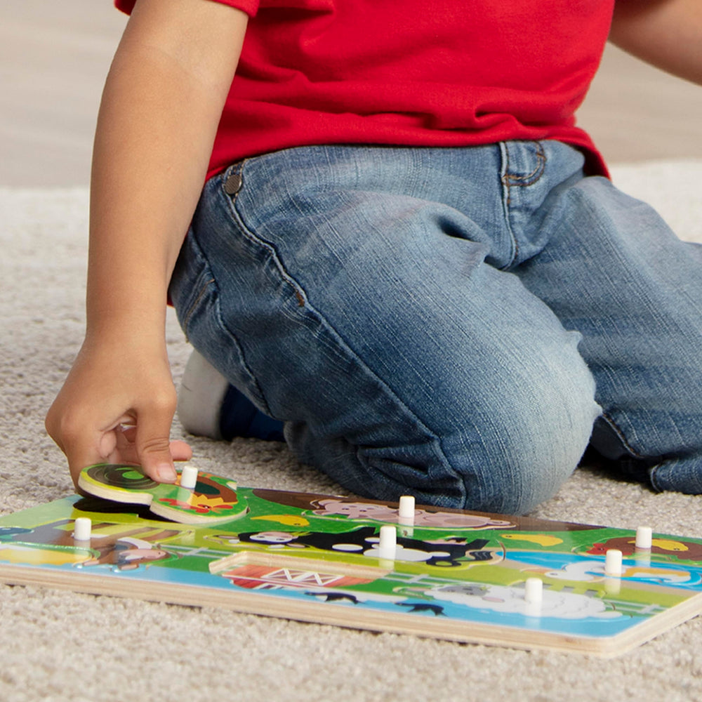 Melissa & Doug durable wooden puzzle designed for daily use by toddlers.