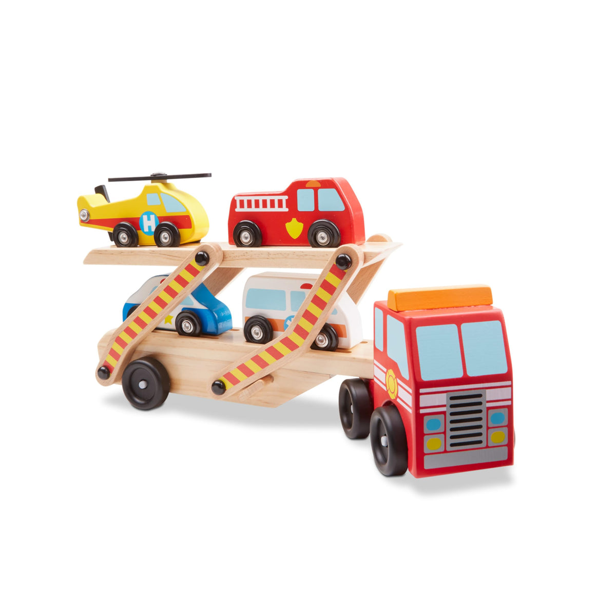 Melissa & Doug emergency vehicle carrier truck with four vehicles for imaginative pretend rescues.