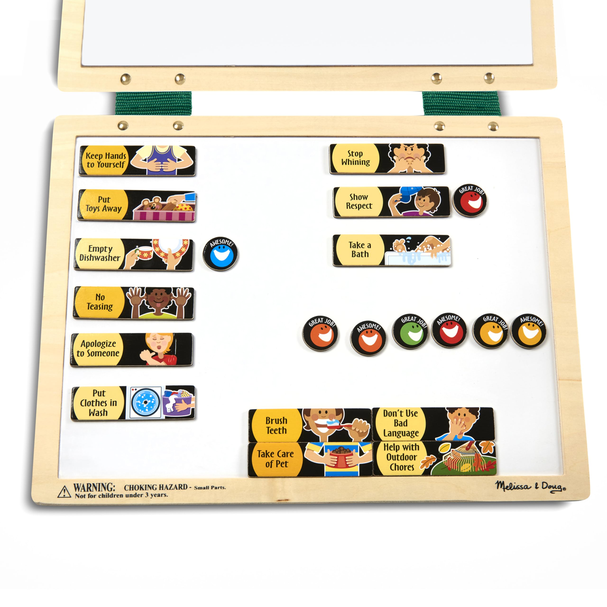 Melissa & Doug fabric-hinged boards open to reveal magnet storage.