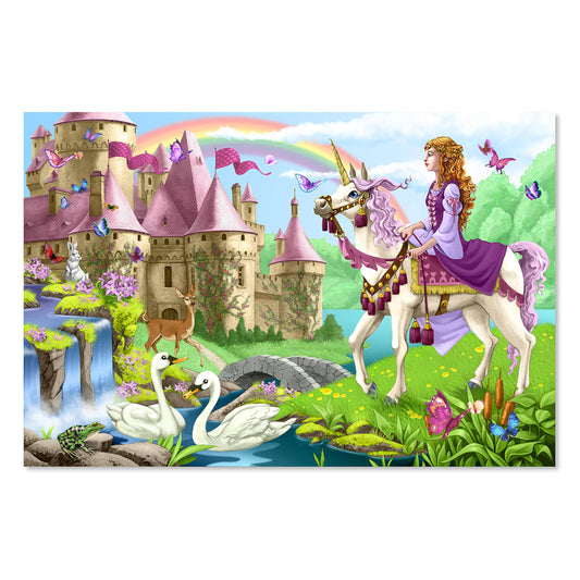Melissa and Doug Fairy Tale Castle puzzle assembled on the floor supports collaborative play and concentration.