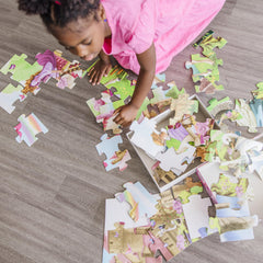 Melissa and Doug Fairy Tale Castle puzzle on floor showing the large 2' x 3' layout for shared fun.