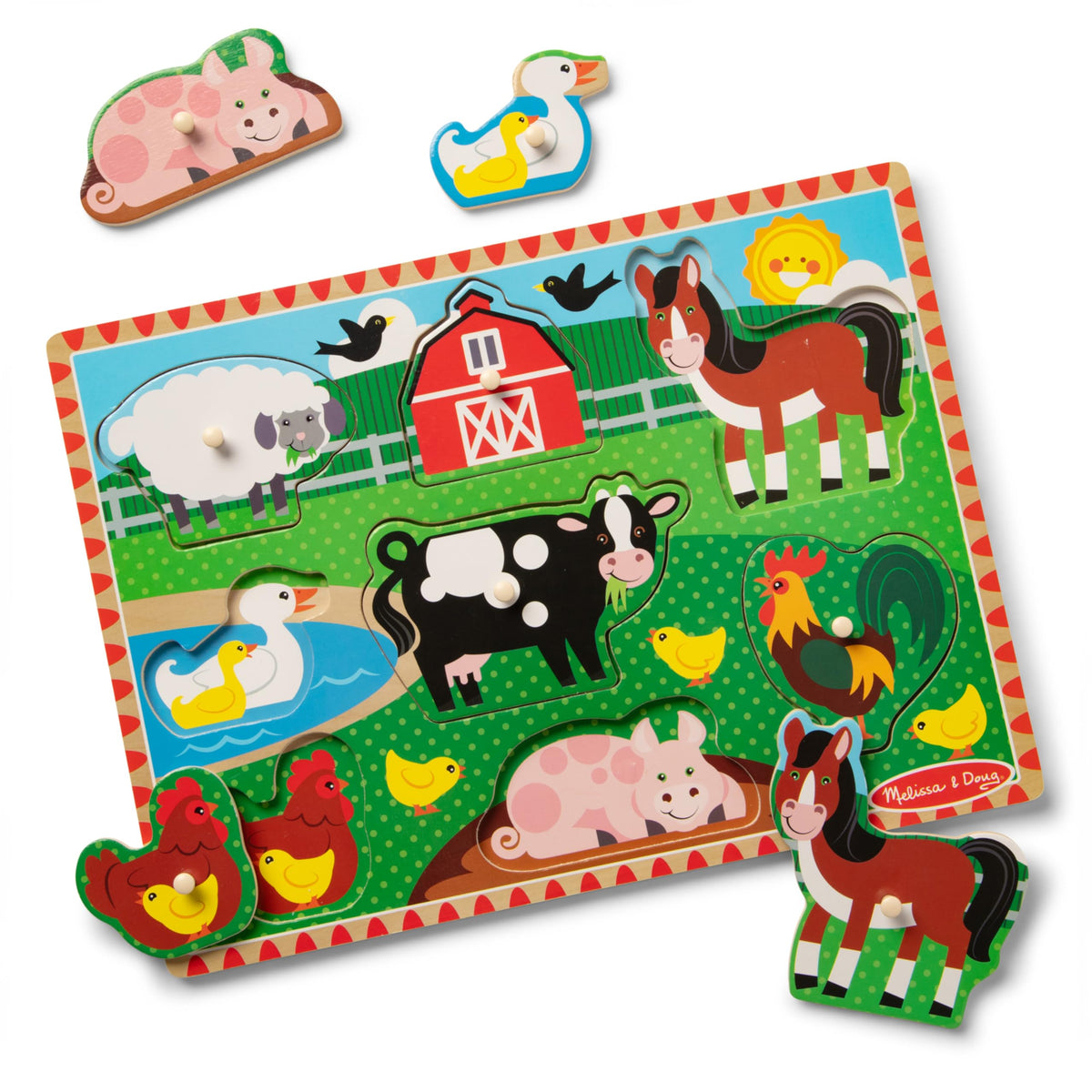 Melissa & Doug Farm Peg Puzzle 8-piece on a bright farm scene supports fine motor skills.