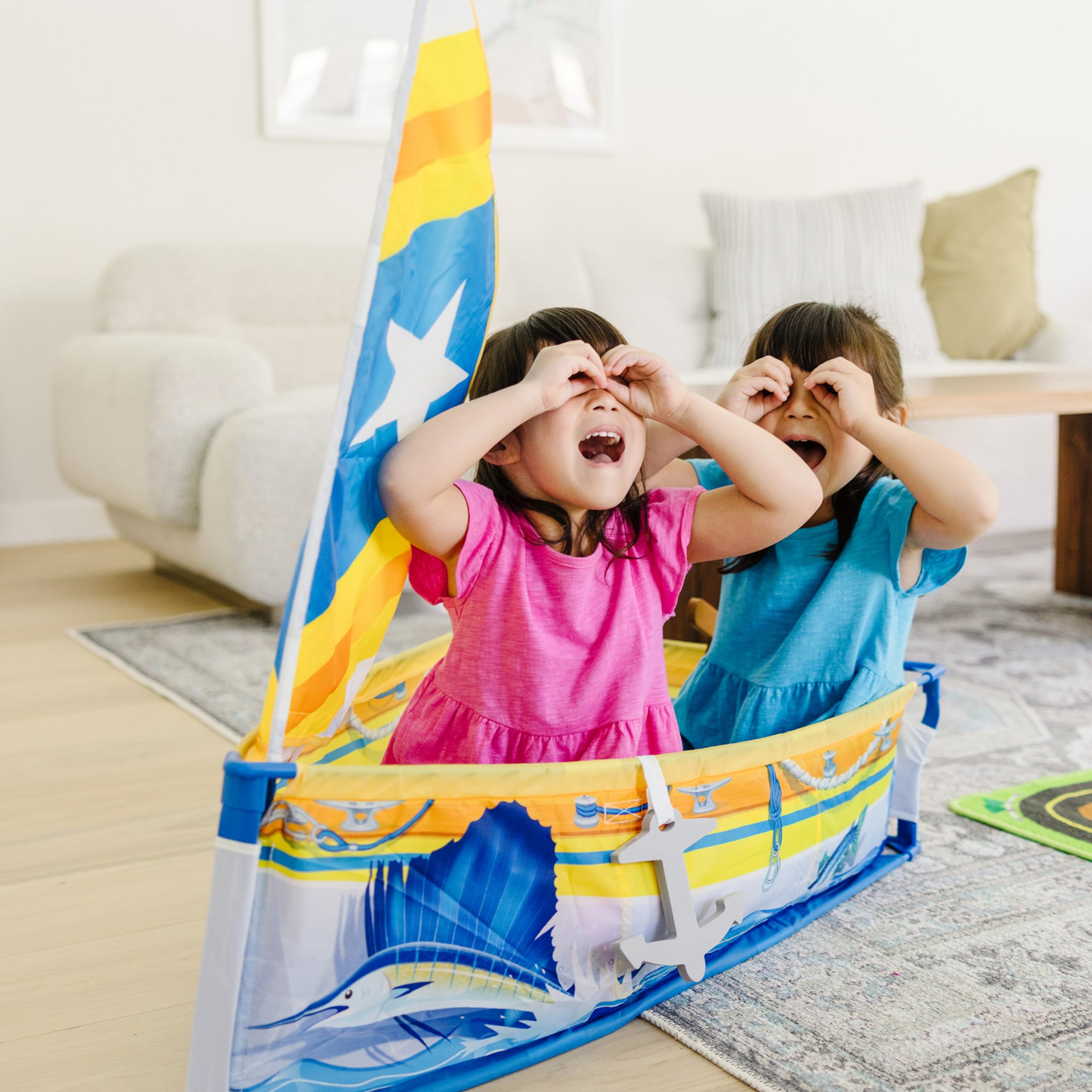 Melissa & Doug Lets Explore Sailboat removable sign for personalizing the vessel.