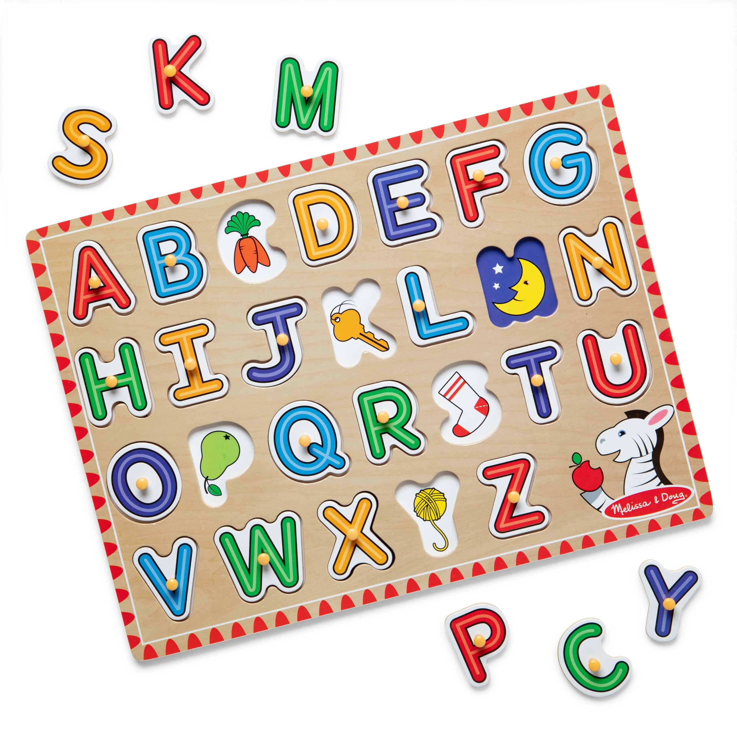 Melissa & Doug Lift & See Alphabet puzzle front view highlights a sturdy wooden board.